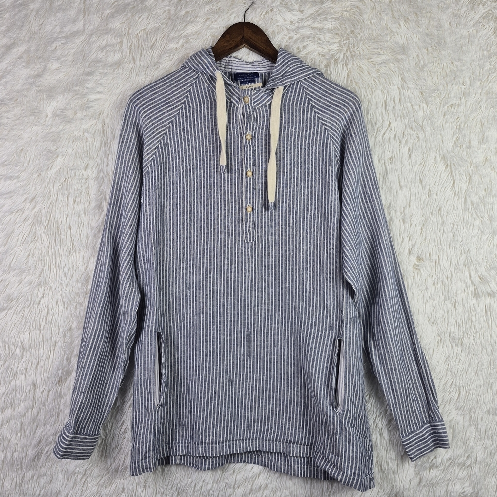 Zara Mens L Blue Striped Linen Hooded Popover Shirt Beachy Resort Retro